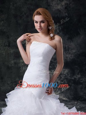 Best Selling White Mermaid Strapless Sleeveless Organza Brush Train Lace Up Ruffles and Ruching Wedding Dress