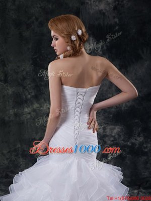 Best Selling White Mermaid Strapless Sleeveless Organza Brush Train Lace Up Ruffles and Ruching Wedding Dress