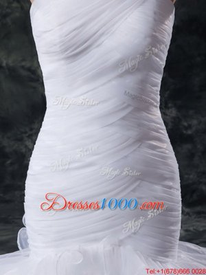 Best Selling White Mermaid Strapless Sleeveless Organza Brush Train Lace Up Ruffles and Ruching Wedding Dress