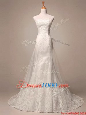 Sumptuous White Mermaid Strapless Sleeveless Tulle and Lace Court Train Lace Up Lace and Appliques Wedding Dresses