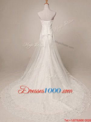 Sumptuous White Mermaid Strapless Sleeveless Tulle and Lace Court Train Lace Up Lace and Appliques Wedding Dresses