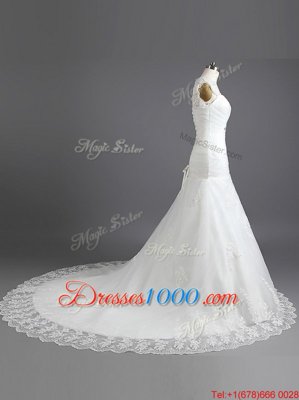 Mermaid With Train White Wedding Gown Sweetheart Sleeveless Chapel Train Lace Up