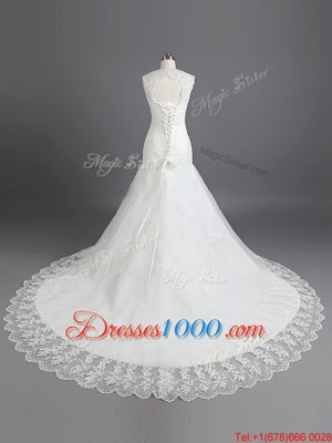 Mermaid With Train White Wedding Gown Sweetheart Sleeveless Chapel Train Lace Up