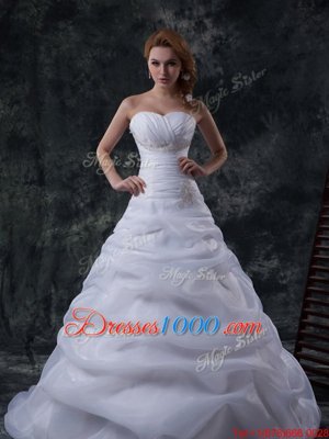 Floor Length White Wedding Dress Sweetheart Sleeveless Brush Train Lace Up