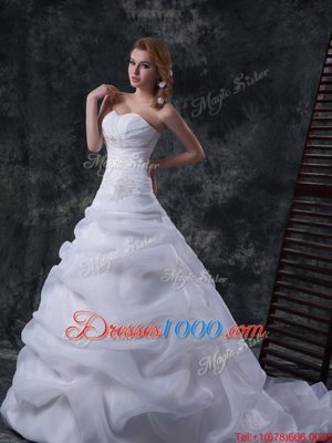 Floor Length White Wedding Dress Sweetheart Sleeveless Brush Train Lace Up