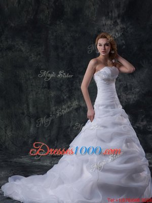 Floor Length White Wedding Dress Sweetheart Sleeveless Brush Train Lace Up