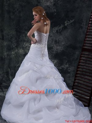 Floor Length White Wedding Dress Sweetheart Sleeveless Brush Train Lace Up