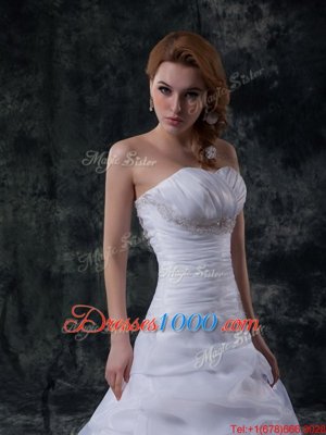 Floor Length White Wedding Dress Sweetheart Sleeveless Brush Train Lace Up