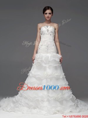 Sexy White Lace Up Strapless Beading and Ruffles and Ruffled Layers Wedding Dresses Organza Sleeveless