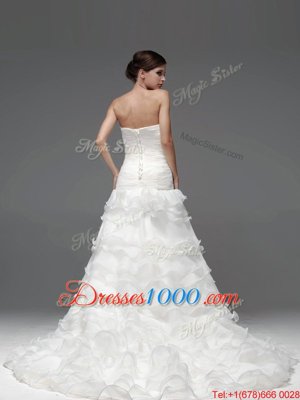 Sexy White Lace Up Strapless Beading and Ruffles and Ruffled Layers Wedding Dresses Organza Sleeveless
