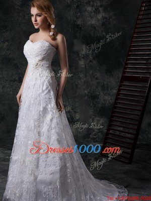 White Wedding Dresses Wedding Party and For with Beading and Lace Sweetheart Sleeveless Sweep Train Zipper