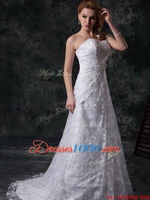 White Wedding Dresses Wedding Party and For with Beading and Lace Sweetheart Sleeveless Sweep Train Zipper