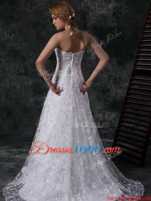 White Wedding Dresses Wedding Party and For with Beading and Lace Sweetheart Sleeveless Sweep Train Zipper