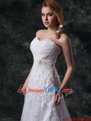 White Wedding Dresses Wedding Party and For with Beading and Lace Sweetheart Sleeveless Sweep Train Zipper