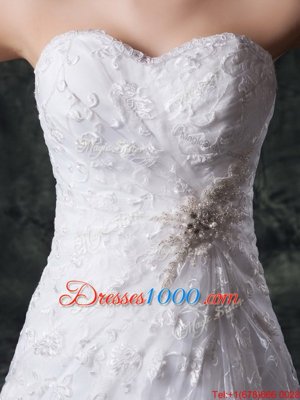 White Wedding Dresses Wedding Party and For with Beading and Lace Sweetheart Sleeveless Sweep Train Zipper