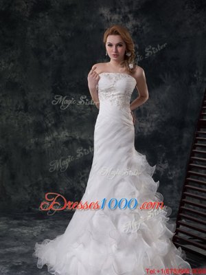 New Style White Organza Lace Up Wedding Dress Sleeveless Brush Train Beading and Appliques and Ruching