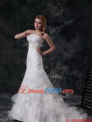 New Style White Organza Lace Up Wedding Dress Sleeveless Brush Train Beading and Appliques and Ruching