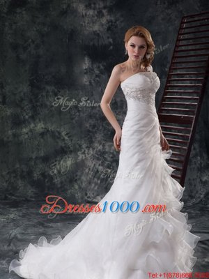 New Style White Organza Lace Up Wedding Dress Sleeveless Brush Train Beading and Appliques and Ruching