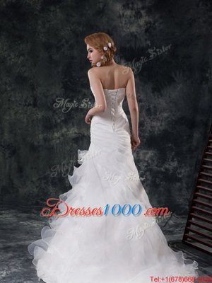 New Style White Organza Lace Up Wedding Dress Sleeveless Brush Train Beading and Appliques and Ruching