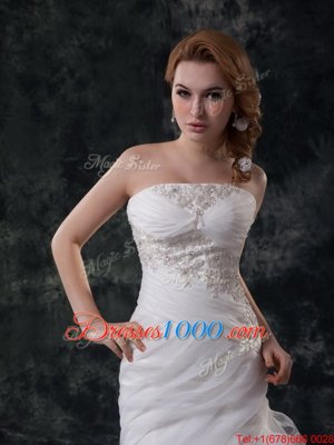 New Style White Organza Lace Up Wedding Dress Sleeveless Brush Train Beading and Appliques and Ruching