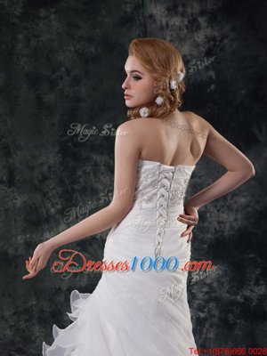 New Style White Organza Lace Up Wedding Dress Sleeveless Brush Train Beading and Appliques and Ruching