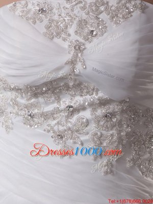 New Style White Organza Lace Up Wedding Dress Sleeveless Brush Train Beading and Appliques and Ruching