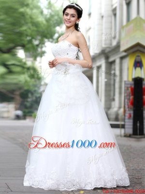 Glorious Sleeveless Tulle and Lace Floor Length Lace Up Bridal Gown in White for with Sequins