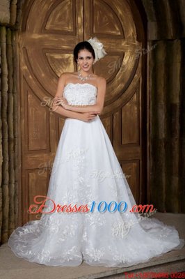 Luxury With Train A-line Sleeveless White Wedding Gown Brush Train Zipper