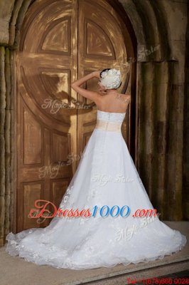 Luxury With Train A-line Sleeveless White Wedding Gown Brush Train Zipper