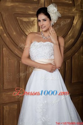 Luxury With Train A-line Sleeveless White Wedding Gown Brush Train Zipper