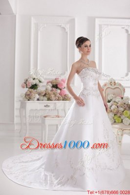 Nice White A-line Satin Strapless Sleeveless Embroidery Zipper Wedding Dress Brush Train