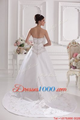 Nice White A-line Satin Strapless Sleeveless Embroidery Zipper Wedding Dress Brush Train