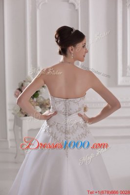 Nice White A-line Satin Strapless Sleeveless Embroidery Zipper Wedding Dress Brush Train