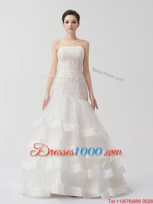 Dramatic Ruffled Brush Train A-line Wedding Dresses White Strapless Tulle Sleeveless Lace Up