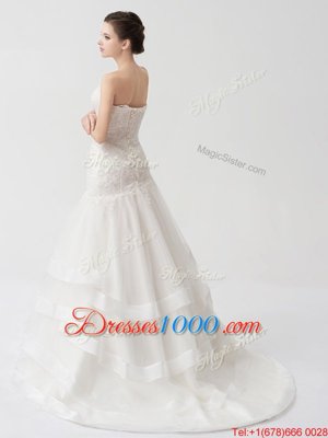 Dramatic Ruffled Brush Train A-line Wedding Dresses White Strapless Tulle Sleeveless Lace Up