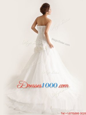 Shining White Tulle Zipper Wedding Dresses Sleeveless Sweep Train Lace and Ruching and Hand Made Flower