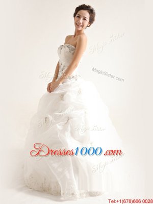 White Sleeveless Beading and Ruffles Floor Length Wedding Gowns
