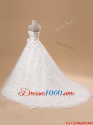 White A-line Tulle Strapless Sleeveless Lace and Appliques and Hand Made Flower With Train Lace Up Wedding Dresses Court Train