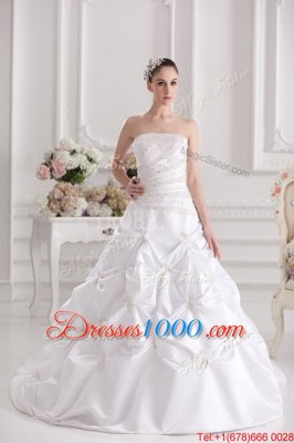 Strapless Sleeveless Brush Train Zipper Wedding Dress White Taffeta