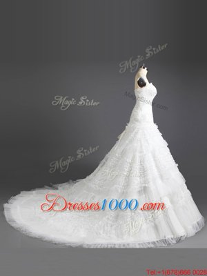 Most Popular With Train White Wedding Dresses Organza Court Train Sleeveless Beading and Appliques and Ruffled Layers