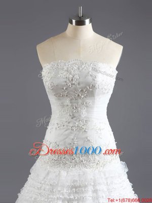 Most Popular With Train White Wedding Dresses Organza Court Train Sleeveless Beading and Appliques and Ruffled Layers