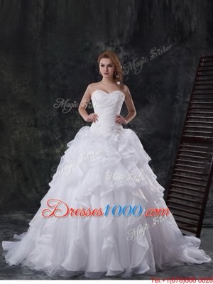 Enchanting Sleeveless With Train Beading and Appliques and Ruffles Lace Up Wedding Gowns with White Brush Train