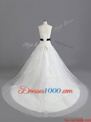 Smart Tulle Sweetheart Sleeveless Court Train Lace Up Beading and Appliques and Belt Wedding Dress in White