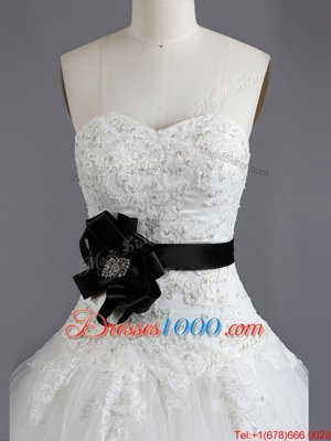 Smart Tulle Sweetheart Sleeveless Court Train Lace Up Beading and Appliques and Belt Wedding Dress in White