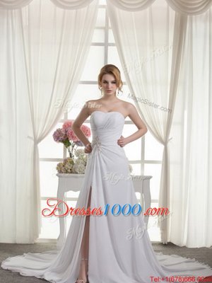 Sleeveless Court Train Beading and Appliques and Ruching Lace Up Bridal Gown
