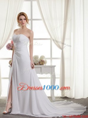 Sleeveless Court Train Beading and Appliques and Ruching Lace Up Bridal Gown