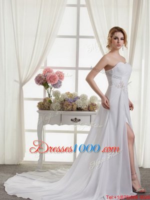 Sleeveless Court Train Beading and Appliques and Ruching Lace Up Bridal Gown