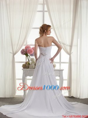 Sleeveless Court Train Beading and Appliques and Ruching Lace Up Bridal Gown