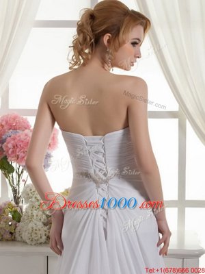 Sleeveless Court Train Beading and Appliques and Ruching Lace Up Bridal Gown