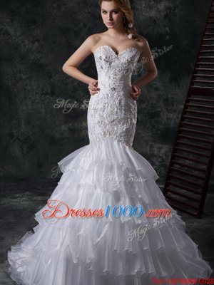 Eye-catching Brush Train Mermaid Bridal Gown White Sweetheart Organza Sleeveless Lace Up